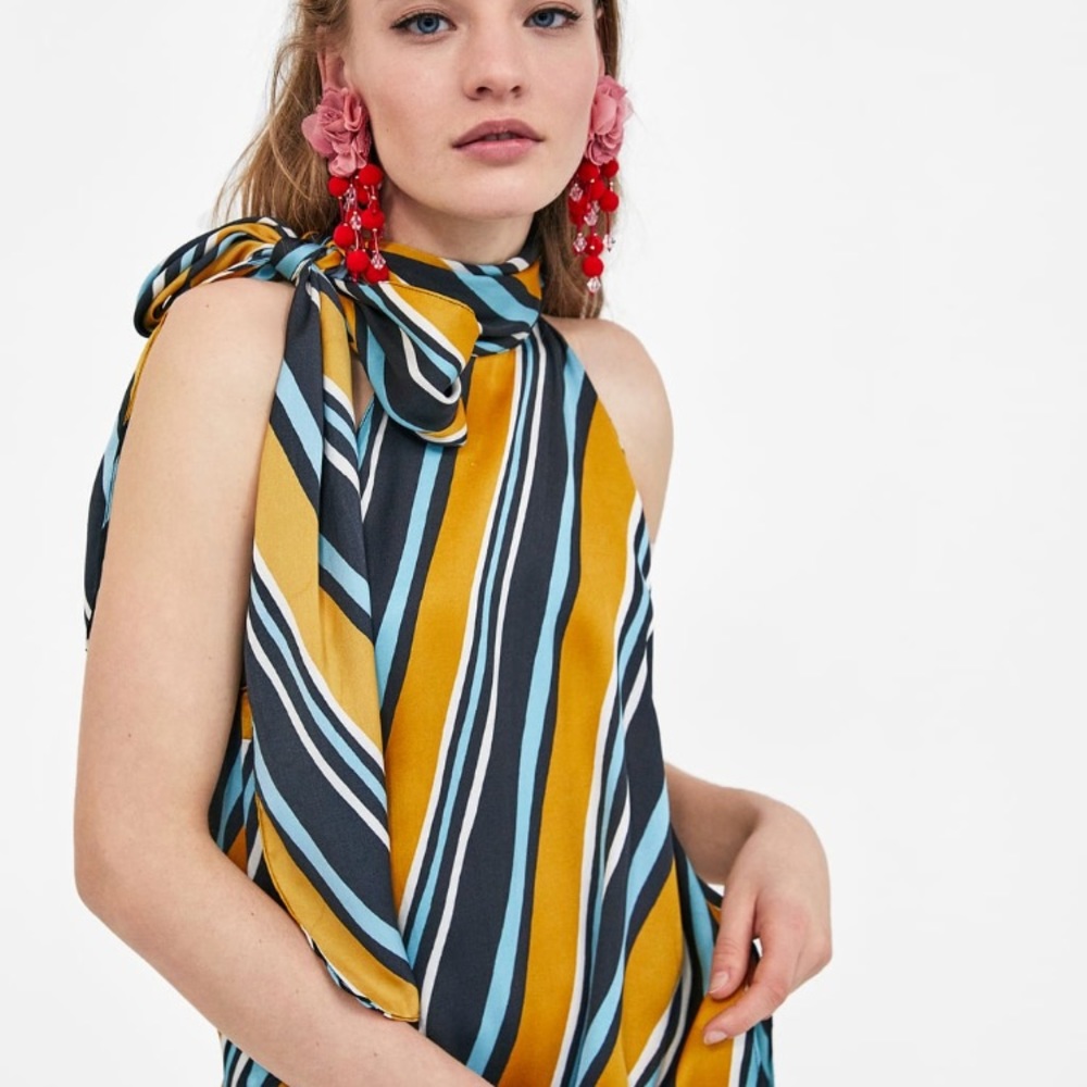 Striped halter neck blouse and striped wrap skirt